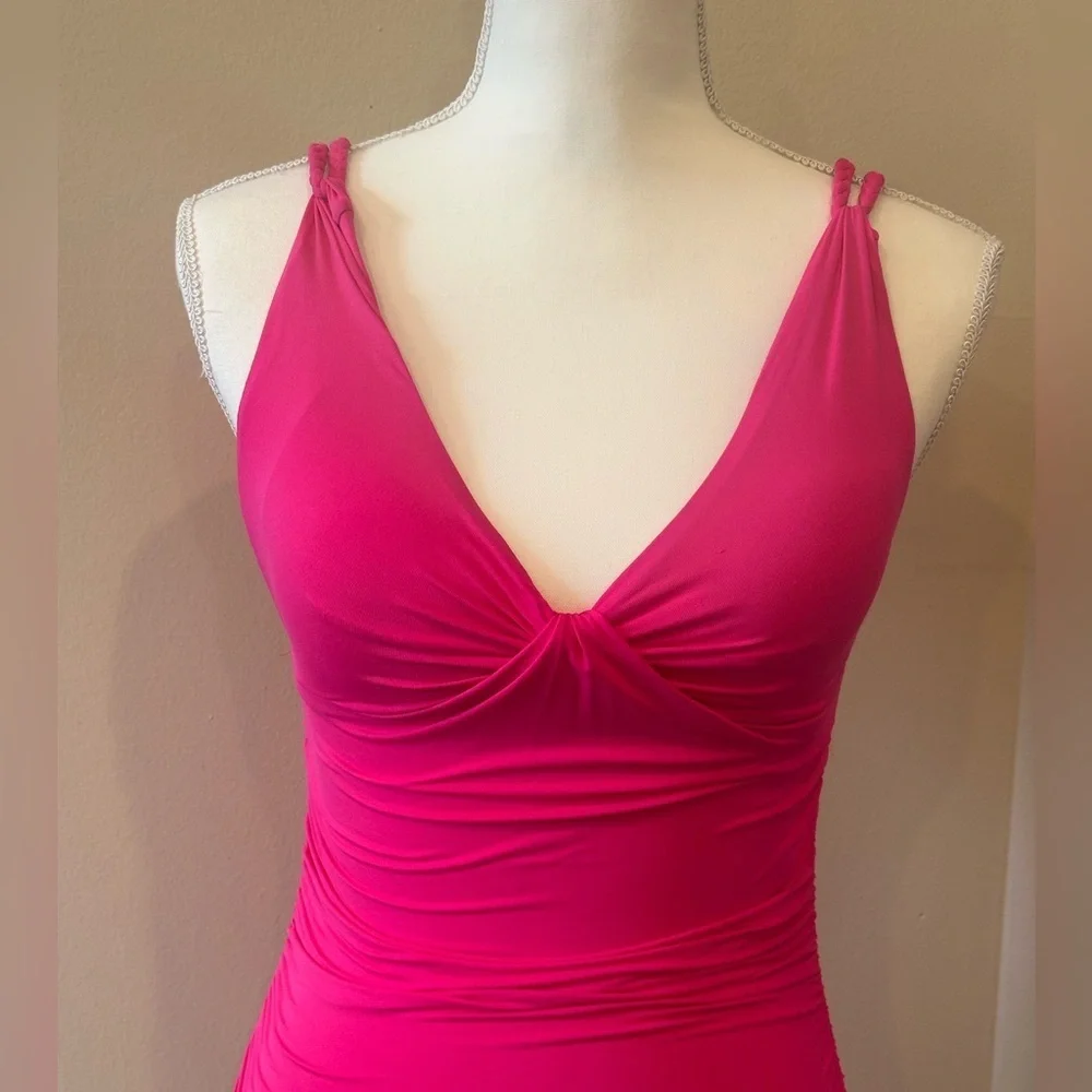 Carmen Marc Valvo Fuchsia Ruched Plunge Tankini Swim Top Size Small